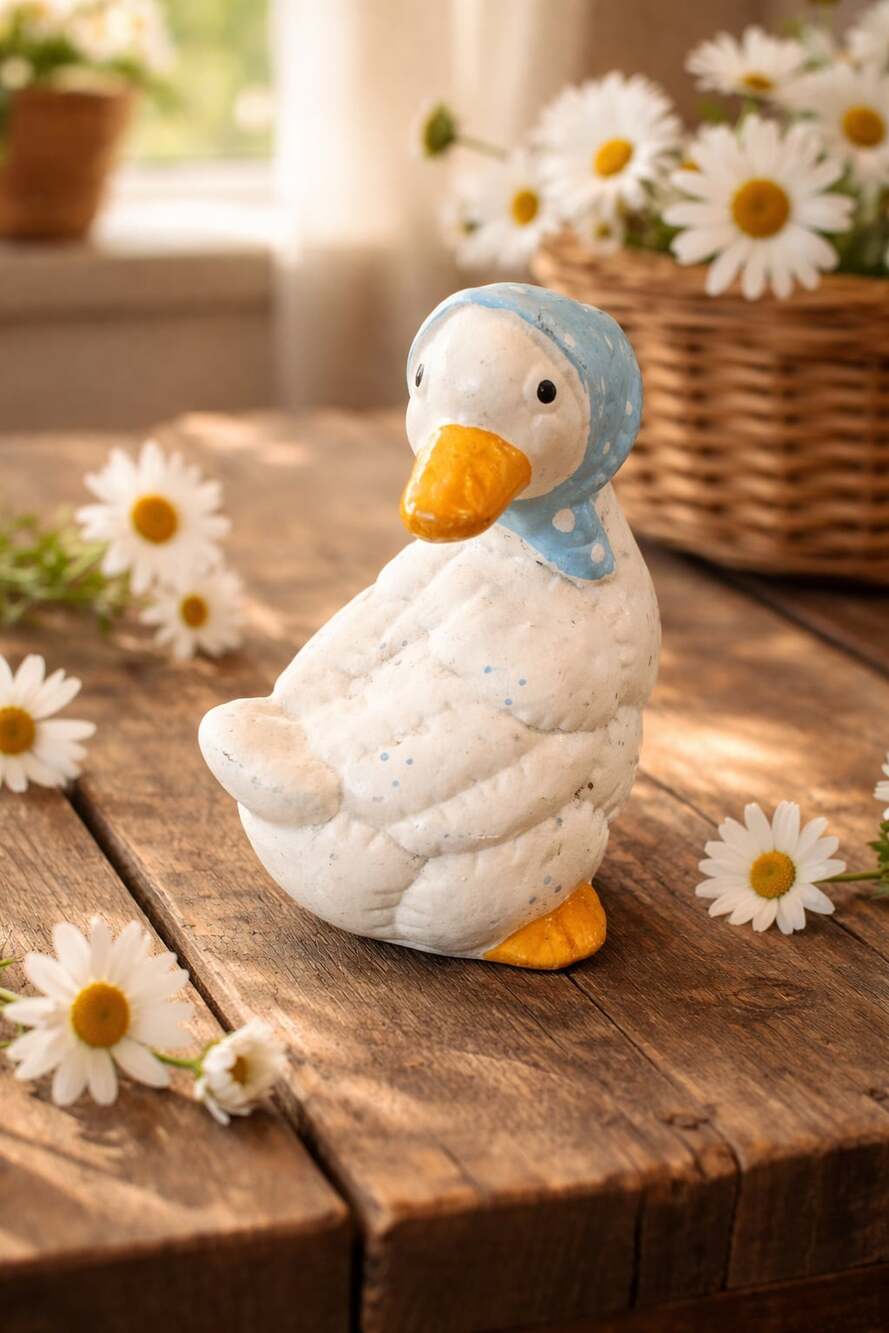 Ceramic Duck Figurine in Blue Polka Dot Bonnet